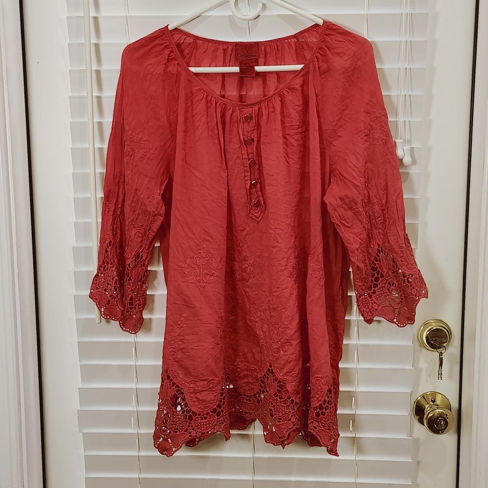 V Cristina Silk Blend Tunic Top Womens XL Crochet Lace Boho Embroidered Floral
